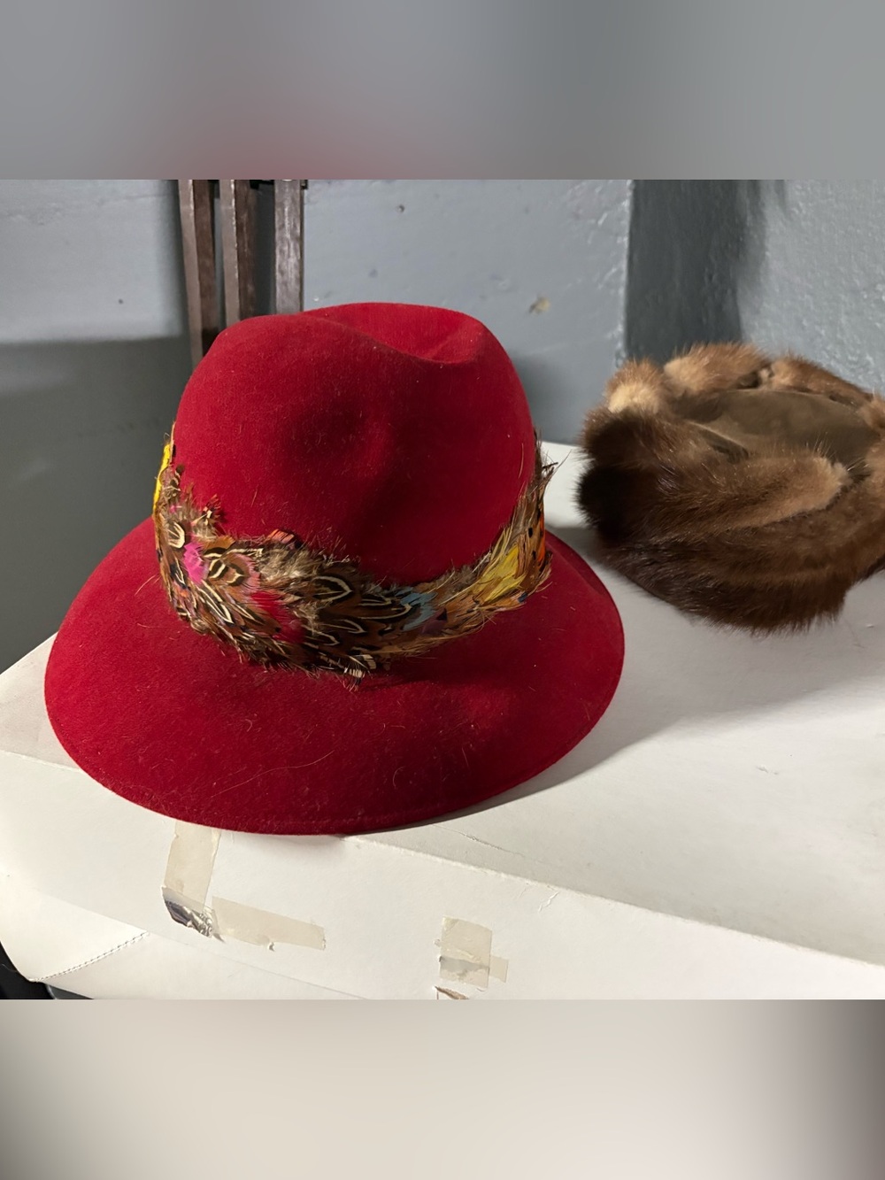 Classic Red Wool Frank Olive Fedora with Feather Trim and mink hat